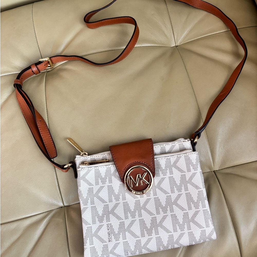 Michael Kors Tan and White Crossbody Bag